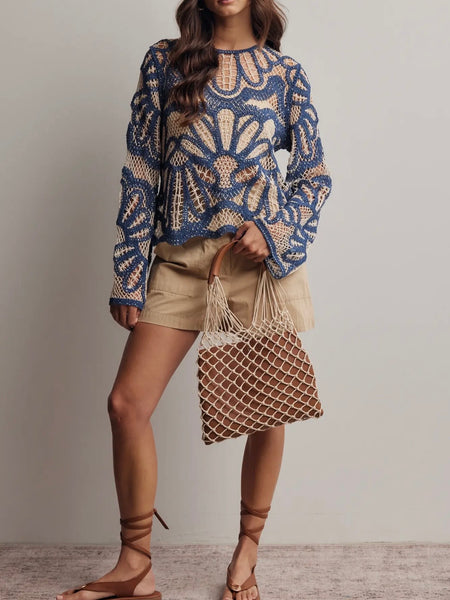 Floral Crochet Sweater in Blue