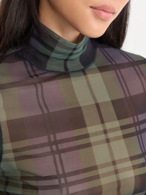 The Mesh Turtleneck in Navy & Green Plaid
