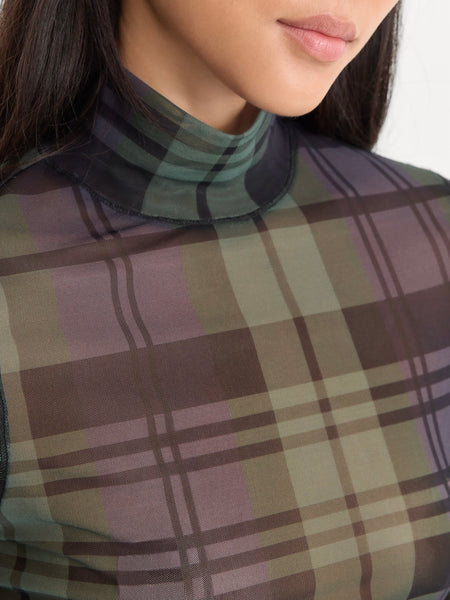 The Mesh Turtleneck in Navy & Green Plaid