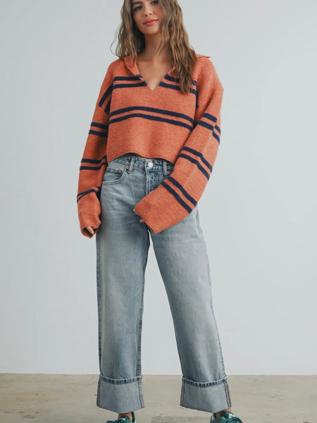 Crop & Roll Sweater in Rust & Navy