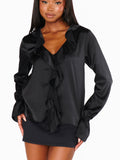 Adela Ruffle Top in Black Luxe Satin