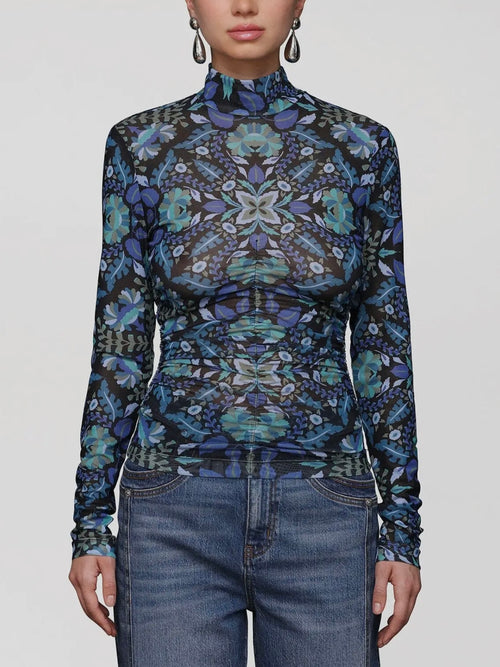 Printed Mesh Mock Neck Top in Dark Alpine