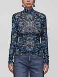 Printed Mesh Mock Neck Top in Dark Alpine