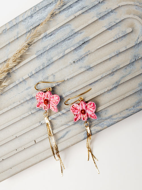Golden Strings Pink Orchid Pendant Earrings