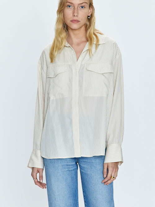 Nellie Button Up in Tan White Pinstripe