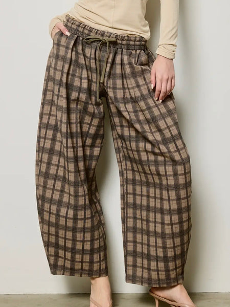 Pursuing Plaid Barrel Pants in Brown