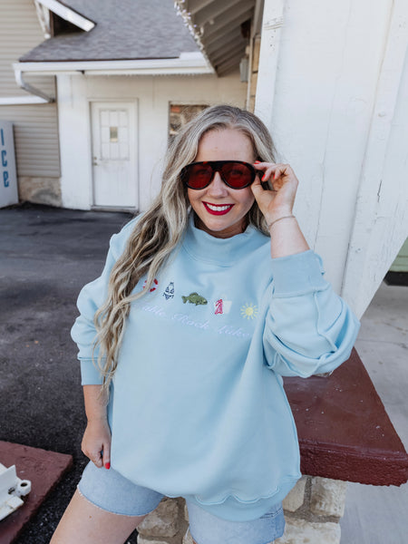 Custom Embroidered She's An Icon TRL Mock Neck in Light Blue