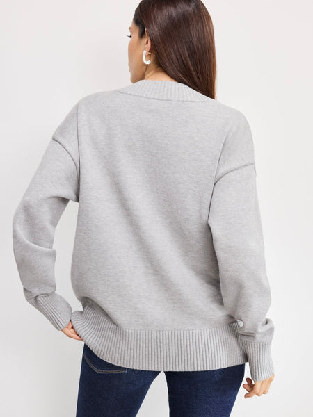 Knit Deep V Sweater in Melange Grey