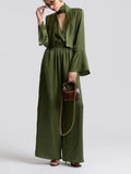 Tie Neck Satin Jumpsuit in Olive