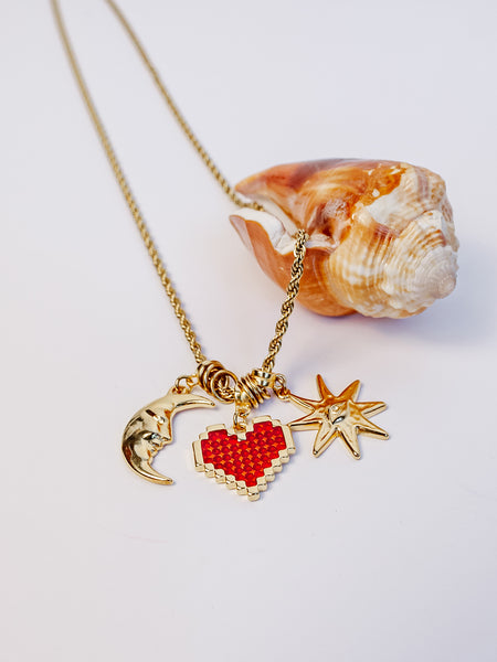 Gold & Red Long Hearts Charm Necklace