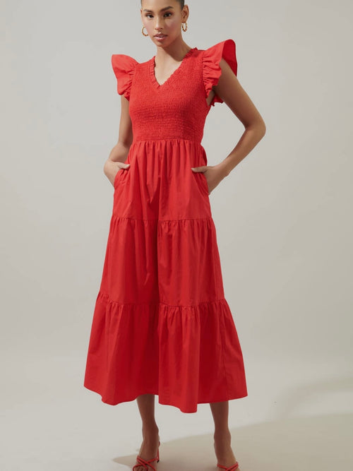 Girl On Fire Midi Dress in Red