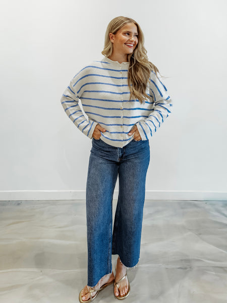 Piper Cabana Stripe Cardigan in Ivory & Blue