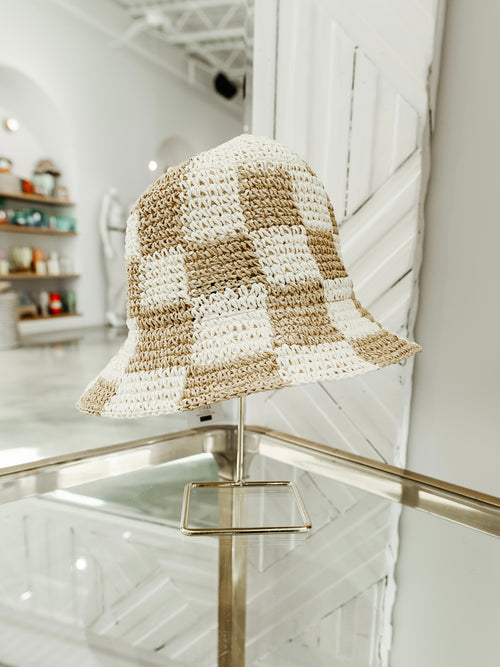 Straw Checked Bucket Hat in Ivory