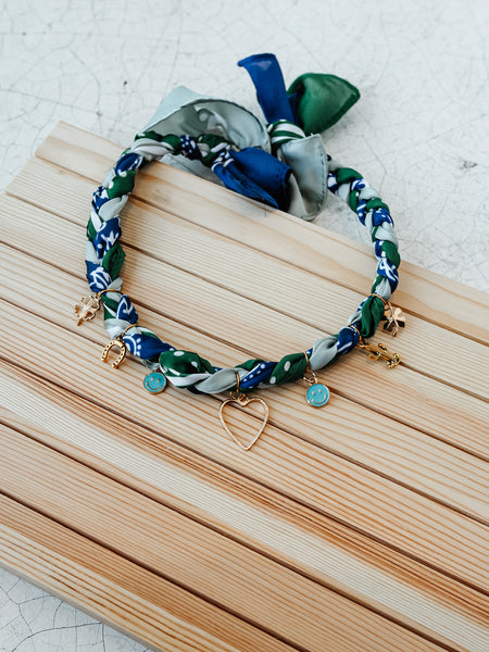 Bandana Choker Charm Necklace in Navy & Green Braided & Lucky