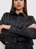 Crystal Cropped Satin Shirt in Black