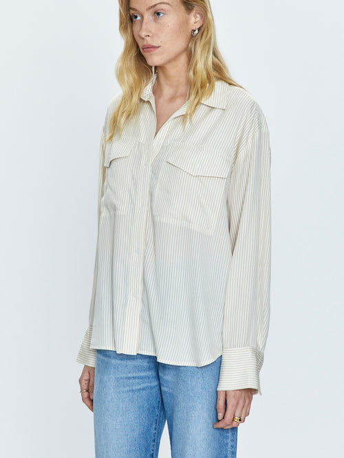 Nellie Button Up in Tan White Pinstripe