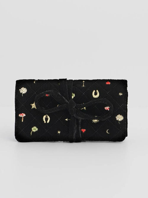 Black Quilted Motif Velvet Embroidered Jewelry Roll