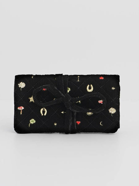 Black Quilted Motif Velvet Embroidered Jewelry Roll