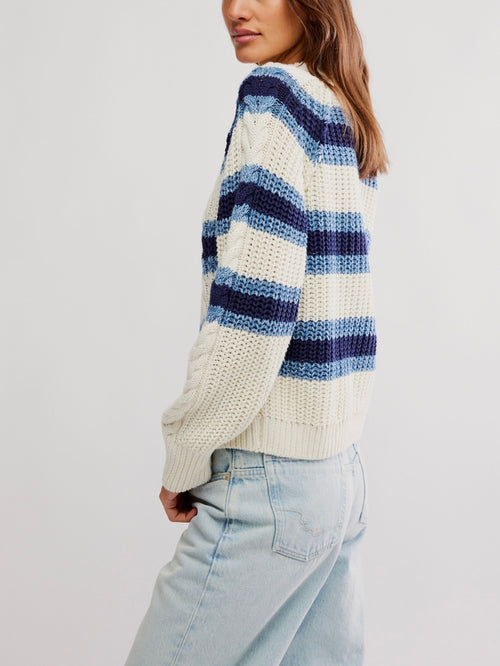 Frankie Cable Striped Pullover in Ivory Combo