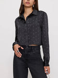 Crystal Cropped Satin Shirt in Black