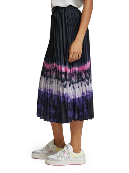 Pleated High Rise Midi Skirt in Dip Dye Stripe