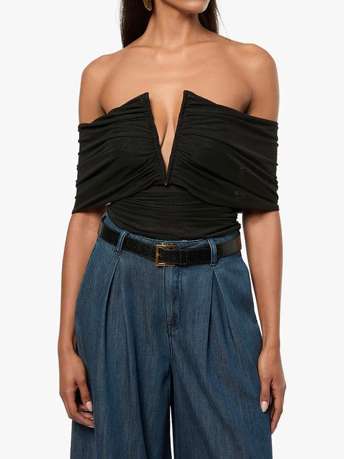 Ruched Off Shoulder Bodysuit in Black