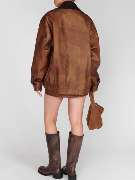 Maverick Bomber Jacket in Chestnut Brown Faux Leather