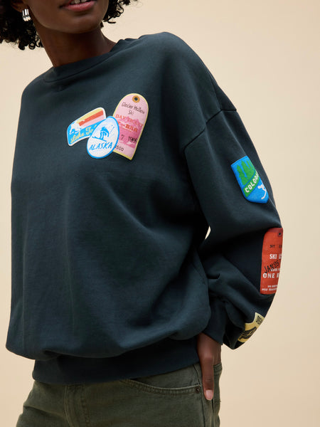 Ski Patch & Pass Collector Oversized Crew Sweatshirt in Washed Black