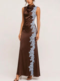 In Outer Lace Maxi Dress in Chocolate & Blue