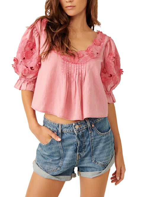 Sophie Embroidered Top in Hot Pink