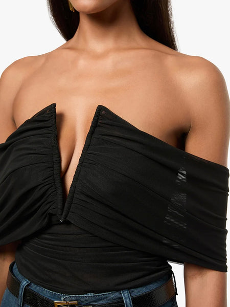 Ruched Off Shoulder Bodysuit in Black