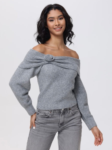 Elizabeth Rosette Shoulder Sweater in Smoke Grey