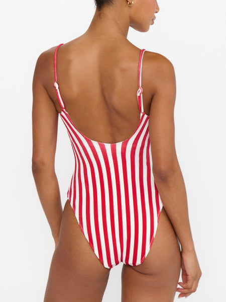 Bells Beach One Piece in Red Stripe Contour Scrunch