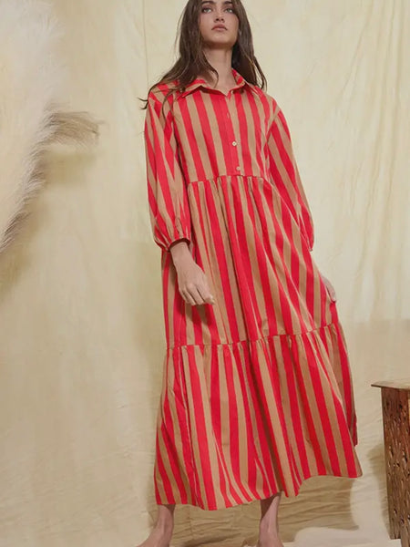 This Stripe, That Stripe Dress in Red & Taupe