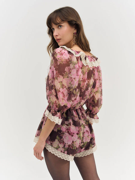 Adeline Floral Romper in Brown