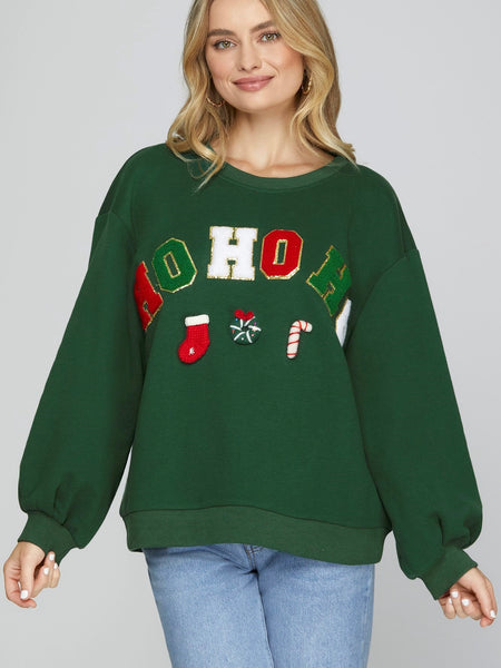 Ho Ho Ho Applique Sweatshirt in Green