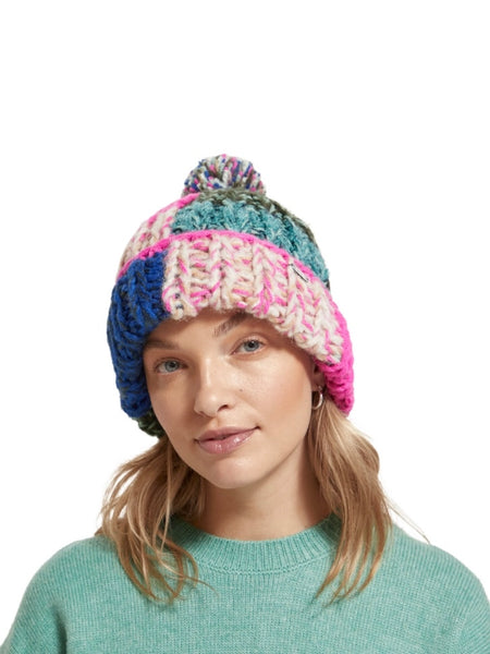 Hand Knit Bobble Hat in Pink & Green