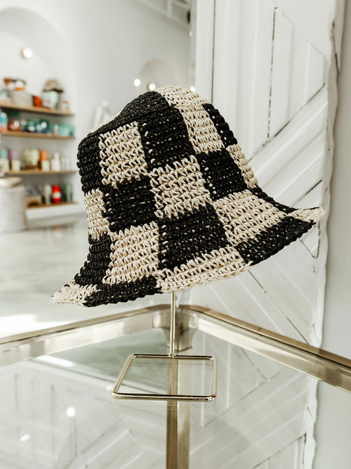 Straw Checked Bucket Hat in Black