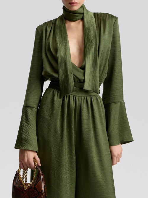 Tie Neck Satin Jumpsuit in Olive