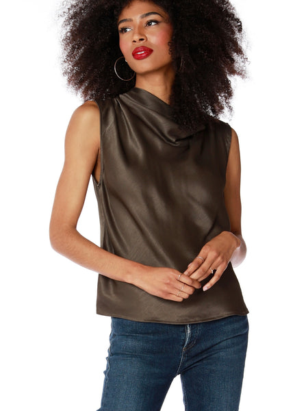 Sleeveless Draped Turtleneck Blouse in Army