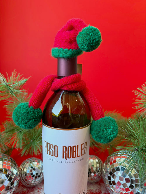 Bottle Hat & Scarf in Red & Green Pom