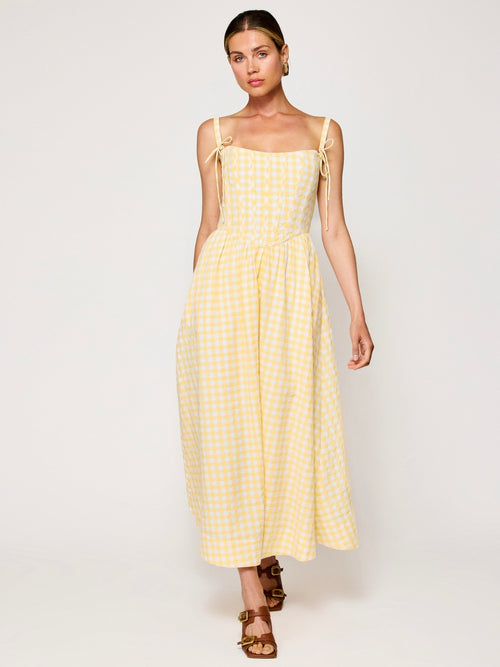 Junie Corset Midi Dress in White & Yellow