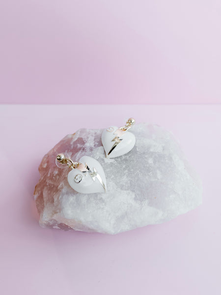 Repurposed Lightning Bolt Heart Earring in White