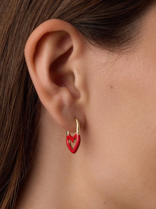 Open Heart Enamel Padlock Huggies in Red
