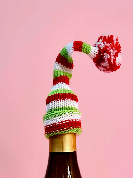 Knit Hat Bottle Topper in Christmas Pom