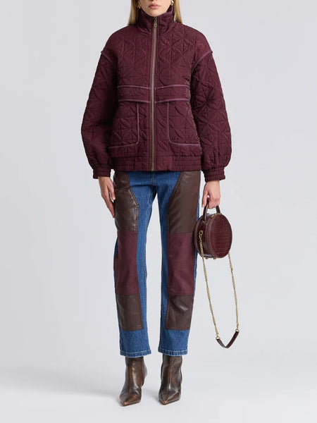 Quilted Funnel Neck Oversized Bomber in Plum