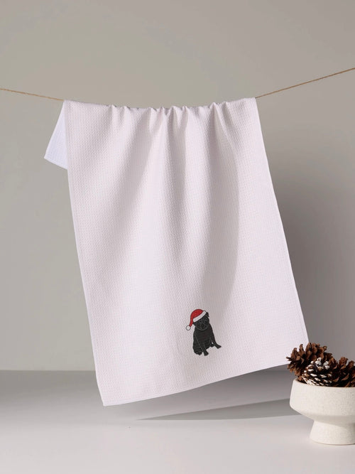 Merry Pug Tea Towel in Black