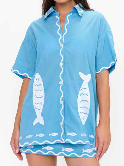 Parker Button Down in Blue Fish Embroidery
