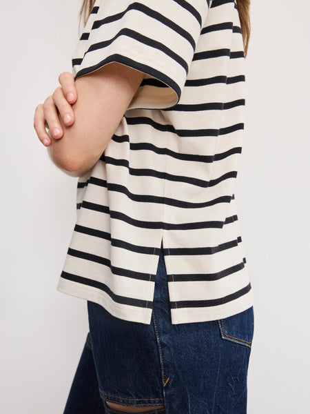 Cotton Oversized Tee in Black & Ecru Stripe