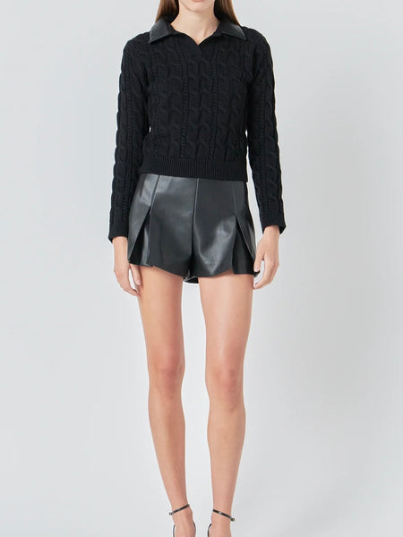 Preppy Meets Pleather Sweater in Black